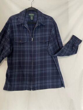 Y2K Era Lauren Ralph Lauren Navy Plaid Full Zip Cotton Flannel Shirt Jacket, Lg.
